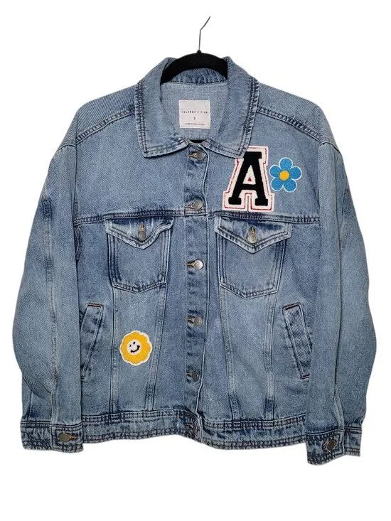 Celebrity Pink Oversized Patchwork Denim Jacket Distressed Womens Small Retro - Picture 1 of 11